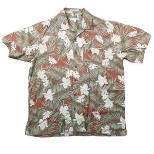 Geoffrey Beene  Mens L Tropical Floral Orange Button Up Hawaiian Shirt 100% Silk
